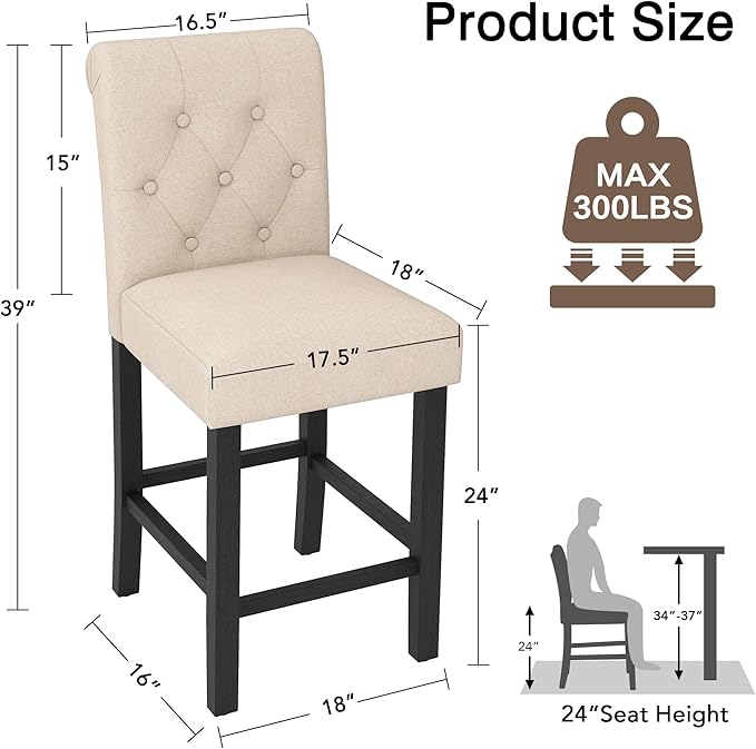 LSSBOUGHT Counter Stools Set of 4,24 inches Upholstered Counter Height Chairs with Button-Tufted and Solid Wood Legs（Beige）