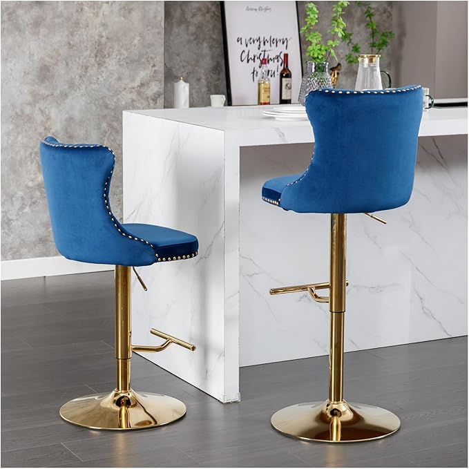 Golden Swivel Velvet Barstools Adjusatble Seat Height from 25-33 Inch,Modern Upholstered Bar Stools with Backs Comfortable Tufted for Home Pub and Kitchen Island,Blue,Set of 2,for Living Room