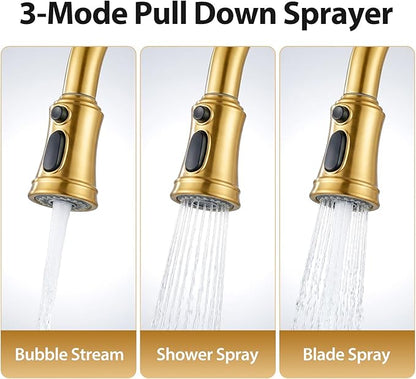 Gold Brushed Nickel Kitchen Faucet with Pull Down Sprayer, Vintage 3 Mode Sprayer Kitchen Sink Faucet for Praticial Use, Antique Farmhouse Style, Deck Mount