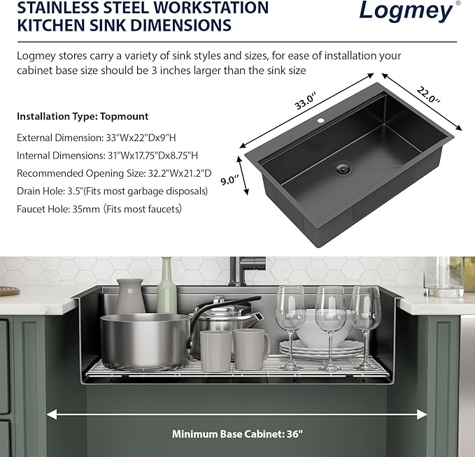 Logmey 33x22 Black Drop in Kitchen Sink 33" Topmount Kitchen Sink Workstation SUS304 16 Gauge Stainless Steel Handmade Single Bowl Top Mount Gunmetal Black Sinks,33x22x9