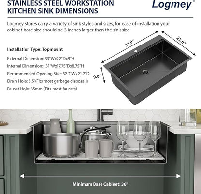Logmey 33x22 Black Drop in Kitchen Sink 33" Topmount Kitchen Sink Workstation SUS304 16 Gauge Stainless Steel Handmade Single Bowl Top Mount Gunmetal Black Sinks,33x22x9