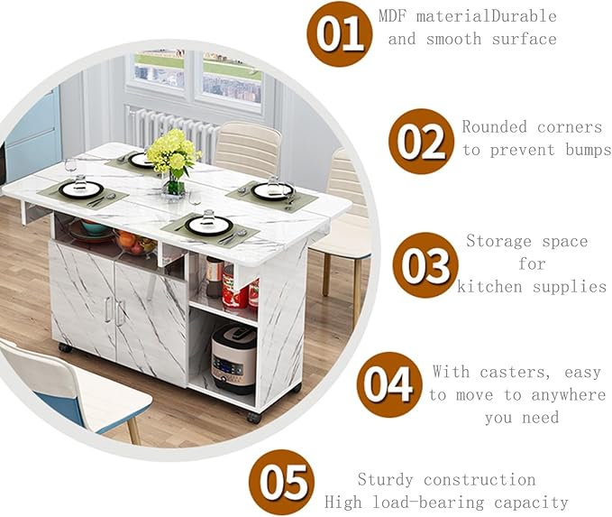 Kitchen Island with Drop Leaf, Rolling Island Cart Mobile Folding Dining Table with 4 Wheels and Shelf(White2,L100cm/39in)