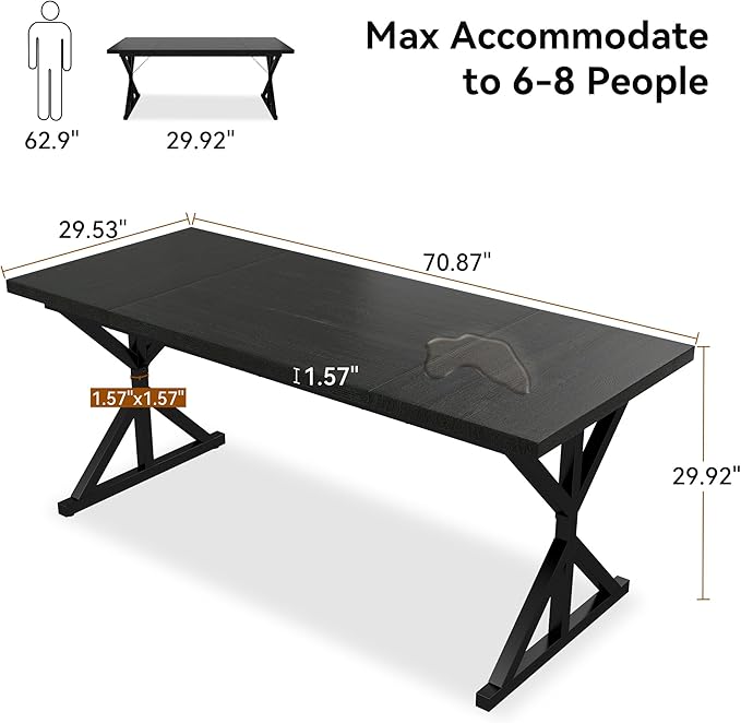 Farmhouse Dining Table for 6 People, 70.8 Inch Rectangular Wood Dining Table, Rustic Kitchen Table with Extra Heavy Duty Metal Legs for Dining Room-Black