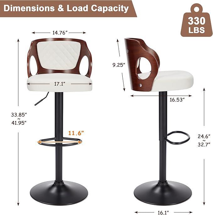 VECELO Swivel Bar Stools Set of 2, Adjustable Counter Height Stools with Bentwood Back, Armrest, Footrest & PU Leather Seat, Modern Bar Chairs for Kitchen Island, Black, Pearl White