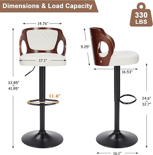 VECELO Swivel Bar Stools Set of 2, Adjustable Counter Height Stools with Bentwood Back, Armrest, Footrest & PU Leather Seat, Modern Bar Chairs for Kitchen Island, Black, Pearl White