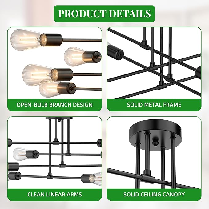 Modern Sputnik Chandelier Ceiling Light Fixtures, 8-Lights Mid Century Industrial Metal Semi Flush Mount for Dining Room, Bedroom, Living Room-Black