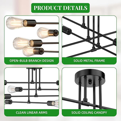 Modern Sputnik Chandelier Ceiling Light Fixtures, 8-Lights Mid Century Industrial Metal Semi Flush Mount for Dining Room, Bedroom, Living Room-Black
