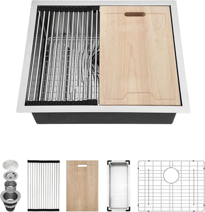 23 Inch Undermount Kitchen Sink - 23x19 Undermount Sink Ledge Workstation Stainless Steel 16 Gauge Single Bowl Handmade Round Corner Small Kitchen Sink with Cutting Board