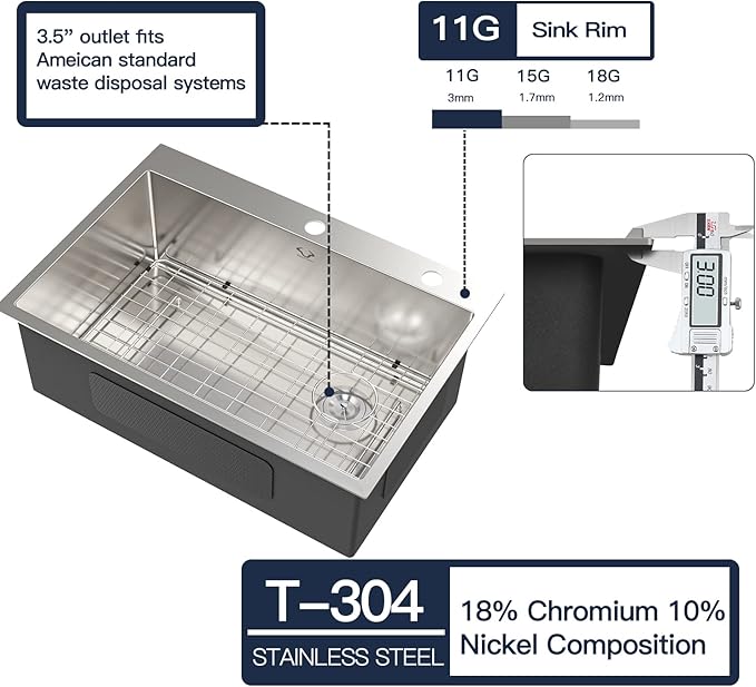 Kitchen Sink 30 x 22 Inch Drop-In Top Mount 16 Gauge Deep R10 Single Bowl 2-Hole Stainless Steel Kitchen Sink and Accessories (Pack of 4)