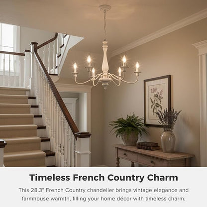 Farmhouse Chandeliers for Dining Room, 6-Light Distressed White French Country Chandelier, Vintage Wood Rustic Chandelier Hanging Light Fixture for Bedroom Living Room Foyer Entryway