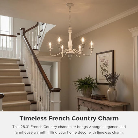 Farmhouse Chandeliers for Dining Room, 6-Light Distressed White French Country Chandelier, Vintage Wood Rustic Chandelier Hanging Light Fixture for Bedroom Living Room Foyer Entryway