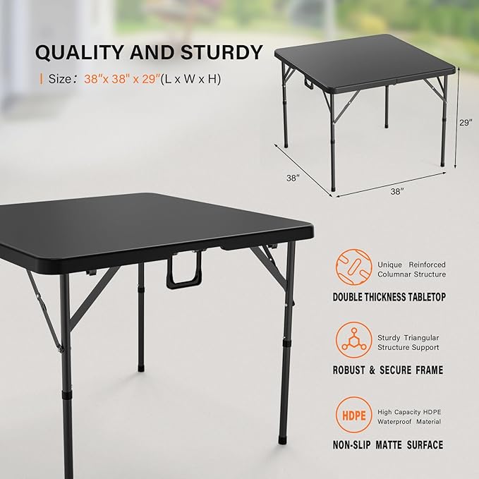 VINGLI 38" Fold in Half Square Table, Bi-Folding Commercial Portable Plastic Dining Table for Kitchen Outdoor Party Wedding Event, Black