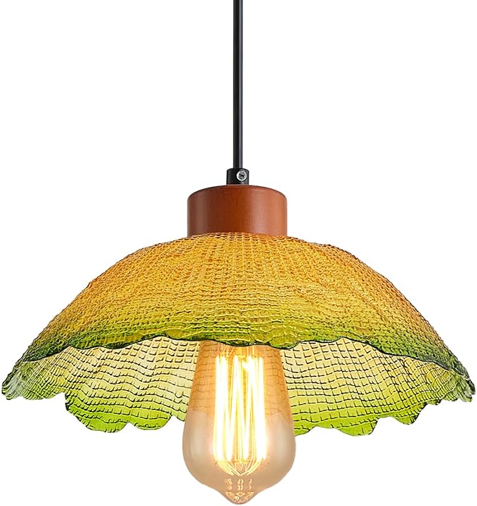 ANYLOVE Vintage Hammered Gradient Green Glass Pendant Light,11inch Gradient Petal Ceiling Hanging Lamp,Adjustable Hanging line for Kitchen Island, Dining Room, Bedroom, Hallway,Farmhouse