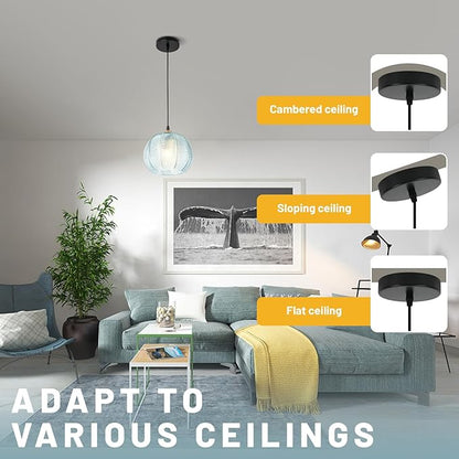 Glass Pendant Light Fixtures, Mid-Century Modern Hanging Lamp with 8.2" Light Blue Shade, Gold Chandelier Coastal Ceiling Light for Dining Table, Kitchen Island, Bedroom