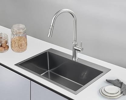 28 x 18 Inch Drop in Kitchen Sink Single Faucet Hole, 18 Gauge 304 Stainless Steel Handmade Single Bowl Topmount Kitchen Sink, Black