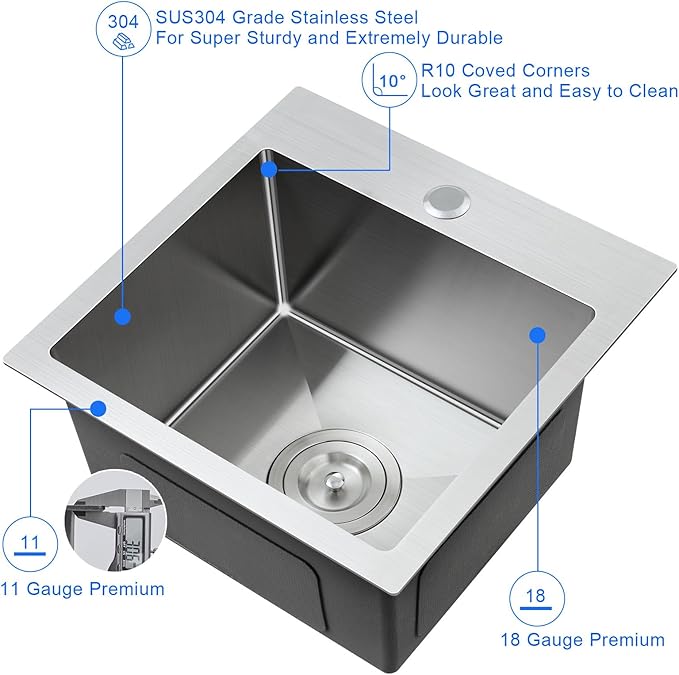 MENATT 18 inch Kitchen Sink Drop-In Brushed，304 Stainless Steel Handmade Single Faucet Hole Single Bowl Small Topmount Kitchen Bar Sink, D18" x W18" x H9"