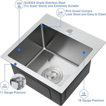 MENATT 18 inch Kitchen Sink Drop-In Brushed，304 Stainless Steel Handmade Single Faucet Hole Single Bowl Small Topmount Kitchen Bar Sink, D18" x W18" x H9"