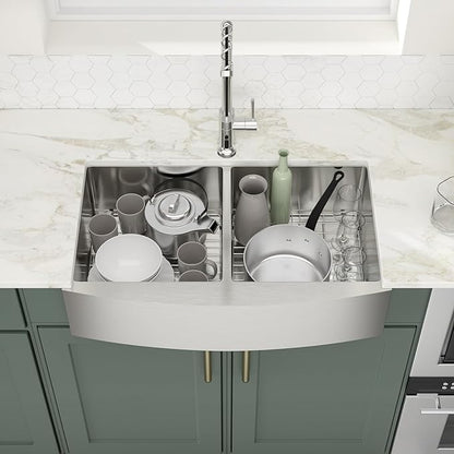 Logmey 33 inch Double Bowl Farmhouse Sink - 33x20 16 Gauge Stainless Steel Farm Sink Apron Front 50/50 Farm Kitchen Sinks
