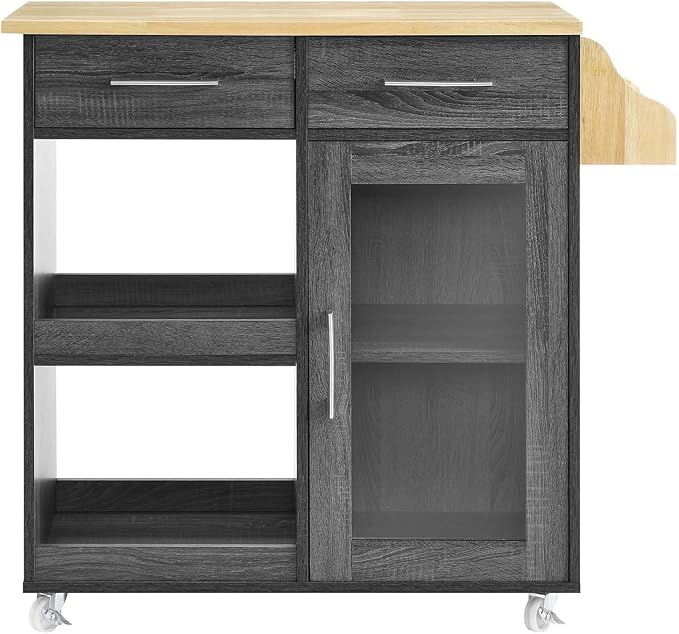 Modway Culinary Rolling Kitchen Cart with Storage in Charcoal Natural - 3 Tiers Kitchen Island on Wheels with Spice Rack, Functional as a Coffee Station, Bar Cabinet or Butcher Block Island