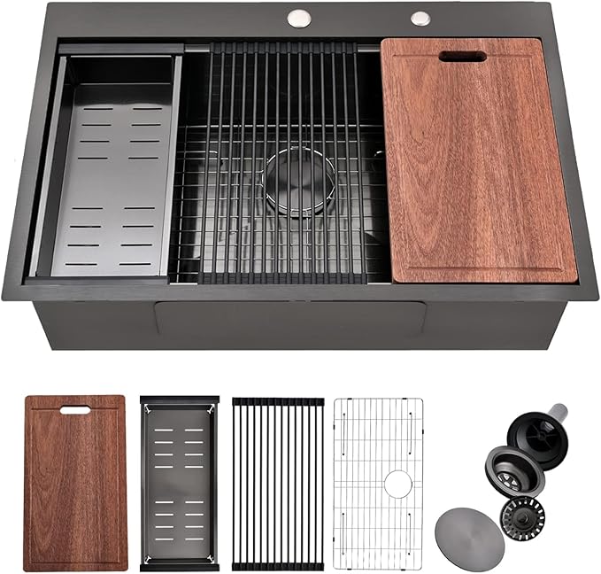 33 Inch Black Drop In Kitchen Sink, Swift Horse 33x22 Inch 16-Gauge Black Stainless Steel Single Bowl Workstation Kitchen Sinks with Accessories for Kitchen Remodel