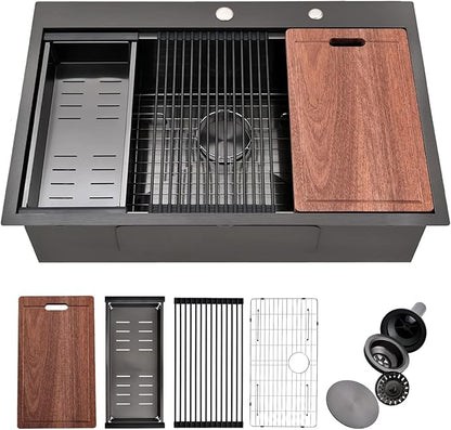 33 Inch Black Drop In Kitchen Sink, Swift Horse 33x22 Inch 16-Gauge Black Stainless Steel Single Bowl Workstation Kitchen Sinks with Accessories for Kitchen Remodel