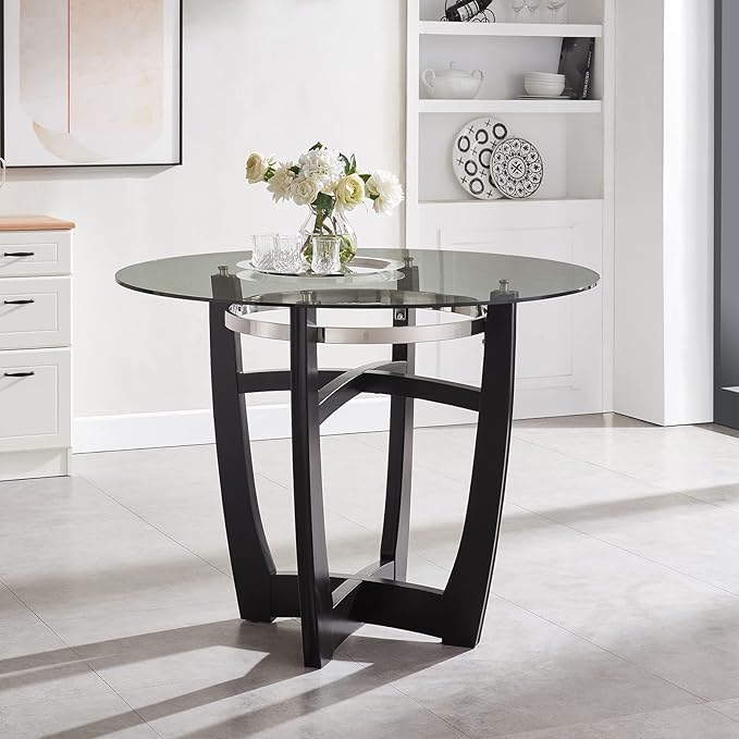 42" Glass Top Round Counter Height Table with Solid Wood Base, 1/2" Thick Tempered Glass, 35.5" High Dining Table