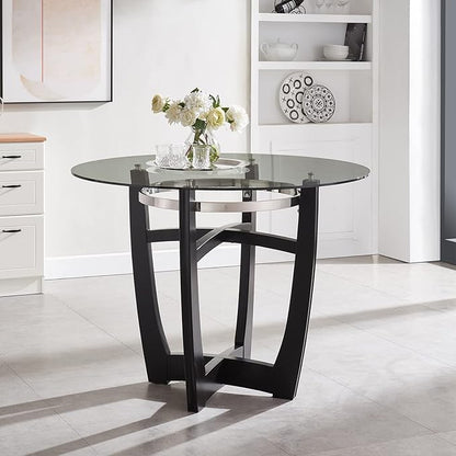 42" Glass Top Round Counter Height Table with Solid Wood Base, 1/2" Thick Tempered Glass, 35.5" High Dining Table