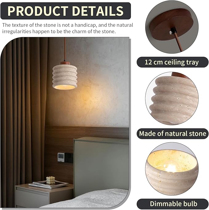 Japanese Wabi sabi Pendant Light with Natural Stone Shade, Dimmable Modern Wood Hanging Lamp Fixture, Adjustable Height Pendant Lamp for Bedroom, Kitchen Island, Dining Room, Restaurant, Cafe, Bar (L)