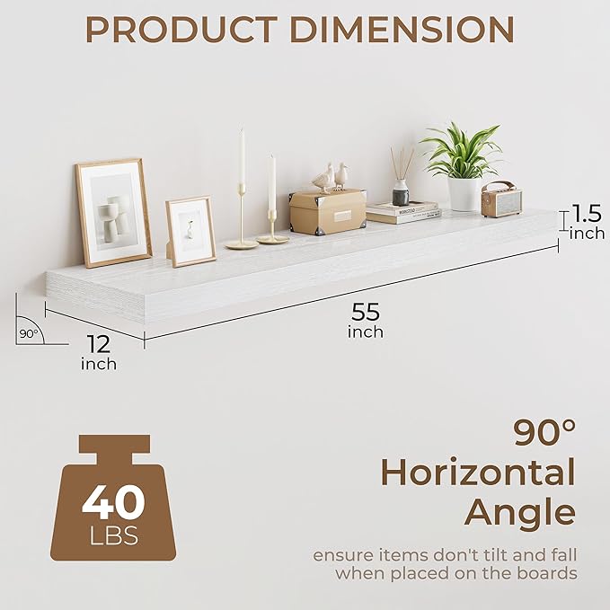 RICHFOCUS Deep Floating Shelves for Wall 2 Pack 12" D 55 Inch Wall Shelves for Room Wall|Wood Hanging Shelf with Invisible Brackets for Bathroom Bedroom Kitchen Laundry Room, White