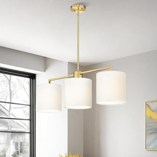 Emak Modern 3-Light Dining Room Light Fixtures Over Table, 34 Inch Linear Chandelier with White Linen Drum Shade, Brushed Gold Island Lights for Kitchen, Dining Room, Bar, IL128-BGD-WF-3