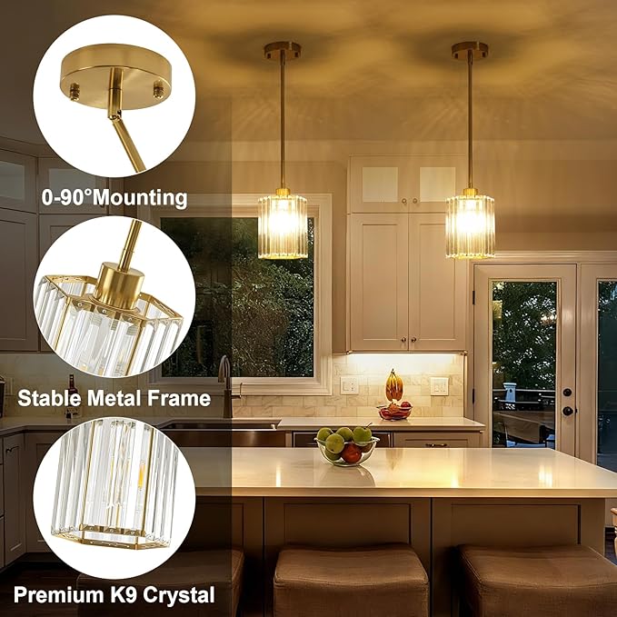 Gold Pendant Light Kitchen Island, Modern Crystal Kitchen Island Lighting, 1-Light Hexagonal Kitchen Hanging Lights for Island, Dining Room, Hallway, Foyer, Entryways