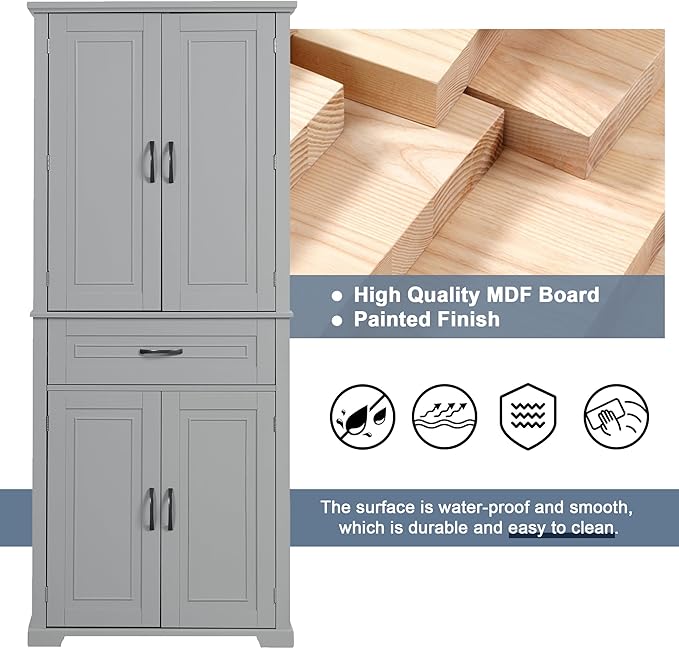 Storage Cabinet with 4 Doors and Drawers, 72.2" H Kitchen Cabinet with 6 Door Shelves, Kitchen Storage Cabinets with Adjustable Shelves for Living Room, Gray