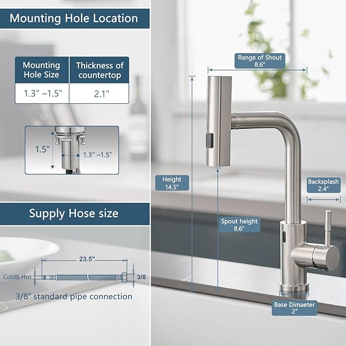 GIMILI Touchless Kitchen Faucet with Pull Down Sprayer, 15” Hight Brushed Nickel Single Hole Handle Kitchen Sink Faucets