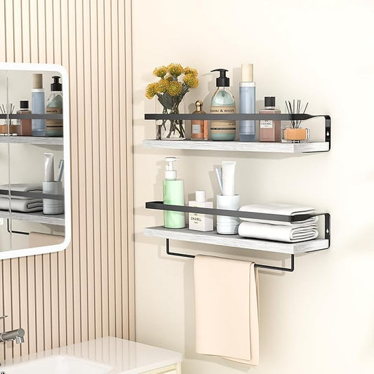 Bathroom Shelves with Towel Bar,Floating Shelves for Bathroom, Kitchen, Bedroom, Paulownia Wood, Matte Black Metal Frame - Set of 2 (White)