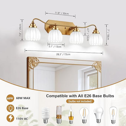 Vintage Bathroom Light Fixtures, Gold Bathroom Vanity Light, Matte Antique Brass Finish with Crystal Glass Shade, Wall Sconces Lighting for Bedroom, Living Room, Hallway (Milk White, 4-Light)