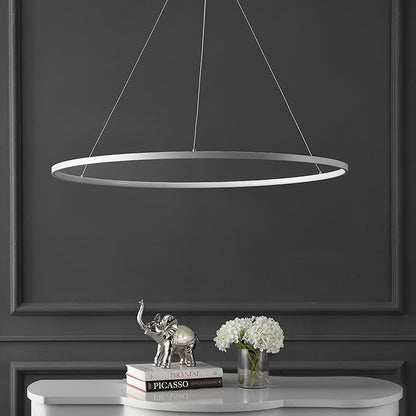 JONATHAN Y 35" Matte White Modern Integrated LED Pendant Light, Dimmable Round Hoop Chandelier for Kitchen Island, Dining Room, Adjustable Height Metal Hanging Light (JYL7220I)