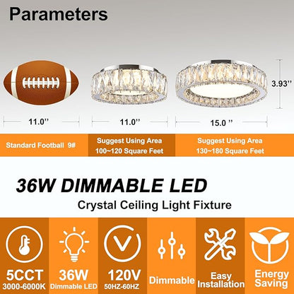 Modern K9 Crystal Dimmable LED Flush Mount Ceiling Light,15 Inch 36W/5CCT 3000K-6000K Luxury Chrome Round Close to Ceiling Lighting Fixtures for Living Room,Kitchen,Bedroom,Dining Room