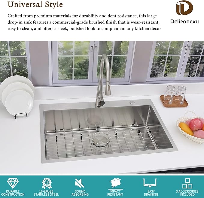 33x22 Drop In Kitchen Sink - Delironexu 16 Gauge Top Mount Stainless Steel Kitchen Sink, 33 Inch Deep Single Bowl kitchen Sinks with 3-Piece Accessories