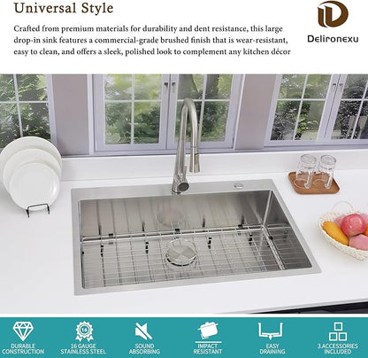 33x22 Drop In Kitchen Sink - Delironexu 16 Gauge Top Mount Stainless Steel Kitchen Sink, 33 Inch Deep Single Bowl kitchen Sinks with 3-Piece Accessories