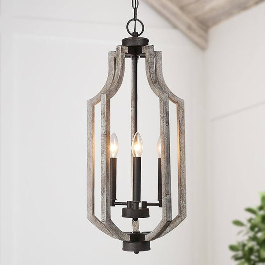 LOG BARN Farmhouse Chandelier, 3 Lights Rustic Wood Long Chandeliers Hanging Pendant Light Fixtures for High Ceilings, Dining Room, Staircase, Foyer, Entryway and Hallway, 27'' in Height