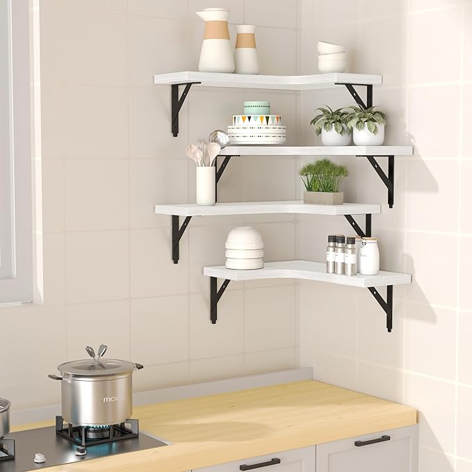 ROMGUAR CRAFT Corner Floating Shelves Wall Mounted Set of 4, Rustic Wood Storage Display Wall Shelves for Home Decor, Bathroom, Kitchen, Bedroom, Living Room, Office (White)