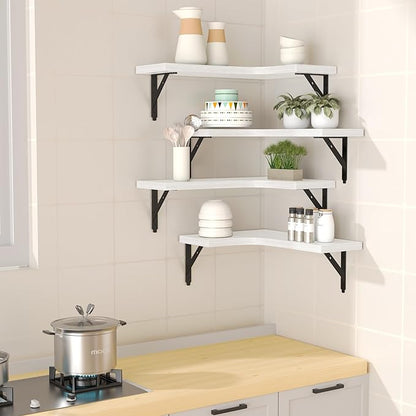 ROMGUAR CRAFT Corner Floating Shelves Wall Mounted Set of 4, Rustic Wood Storage Display Wall Shelves for Home Decor, Bathroom, Kitchen, Bedroom, Living Room, Office (White)