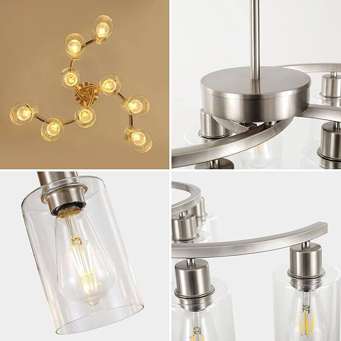 Sigaitwei 9-Light Brushed Nickel Kitchen Light Fixtures ，29.5" Large Chandeliers for Dining Room， Modern Dining Table Light Fixture，Metal Bracket Pendant Lighting with Downward Clear Glass Shade