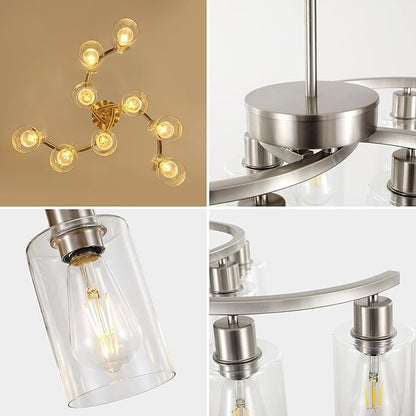 Sigaitwei 9-Light Brushed Nickel Kitchen Light Fixtures ，29.5" Large Chandeliers for Dining Room， Modern Dining Table Light Fixture，Metal Bracket Pendant Lighting with Downward Clear Glass Shade