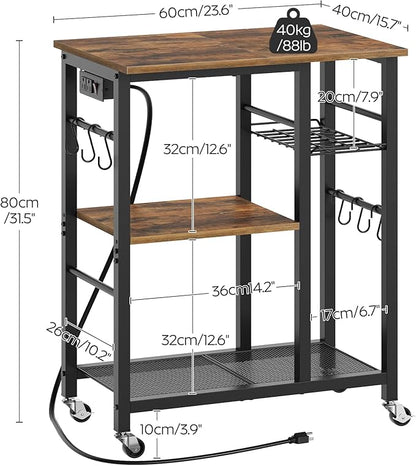 YATINEY Movable Bakers Rack, Microwave Stand with Charging Station, Kitchen Storage Rack with Hooks and Basket, Casters and Adjustable Feet, for Small Space, Kitchen, Dining Room, Rustic Brown HB04UBR
