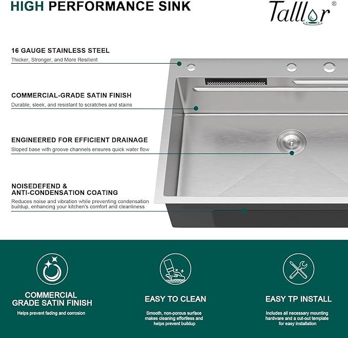 33 Inch Drop-In Single Bowl Kitchen Sink with Faucet, 16 Gauge 304 Stainless Steel Workstation All-In One Sink with Waterfall & Rainfall Outlet, Five-Hole Design, Cup Washer #TLWF-0026