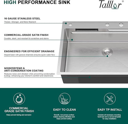 33 Inch Drop-In Single Bowl Kitchen Sink with Faucet, 16 Gauge 304 Stainless Steel Workstation All-In One Sink with Waterfall & Rainfall Outlet, Five-Hole Design, Cup Washer #TLWF-0026
