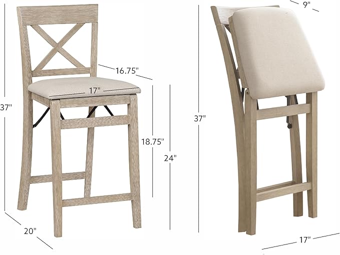 Linon Triena X Back Neutral Greywash Wooden Fully Assembled Folding 24 Inch Seat Height Counter Stool with Beige Upholstered Seat