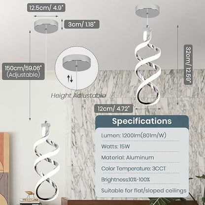 Modern Led Pendant Light Fixture, 15W Chrome Spiral Led Chandelier Hanging Lamp, 3000K-6000K, Dimmable Pendant Lamp, Adjustable Height Pendant Light for Kitchen Island Dining Room Bedroom Cafe