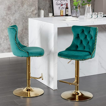 LUMISOL 2 Piece Swivel Velvet Bar Stools, Modern Upholstered Chrome Base Bar Stools with Backs Comfortable Tufted for Home Pub and Kitchen Island, Adjustable Seat Height from 25”-33”, Green